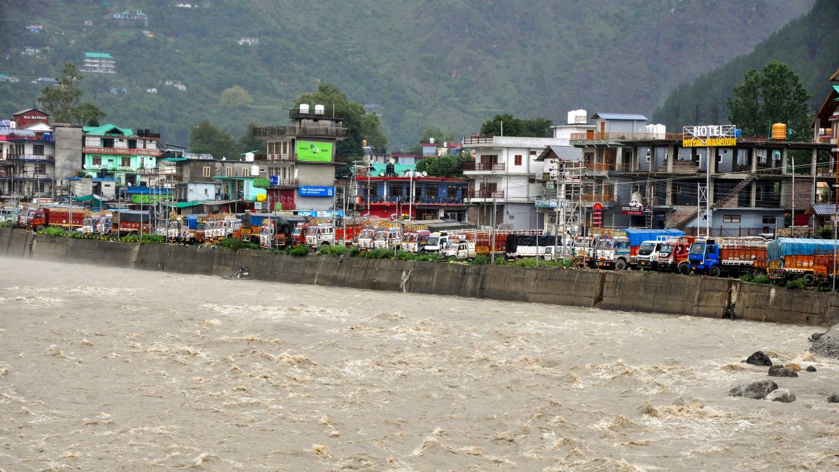 A view of the Beas river as water levels rise due to continuous rainfall, in…