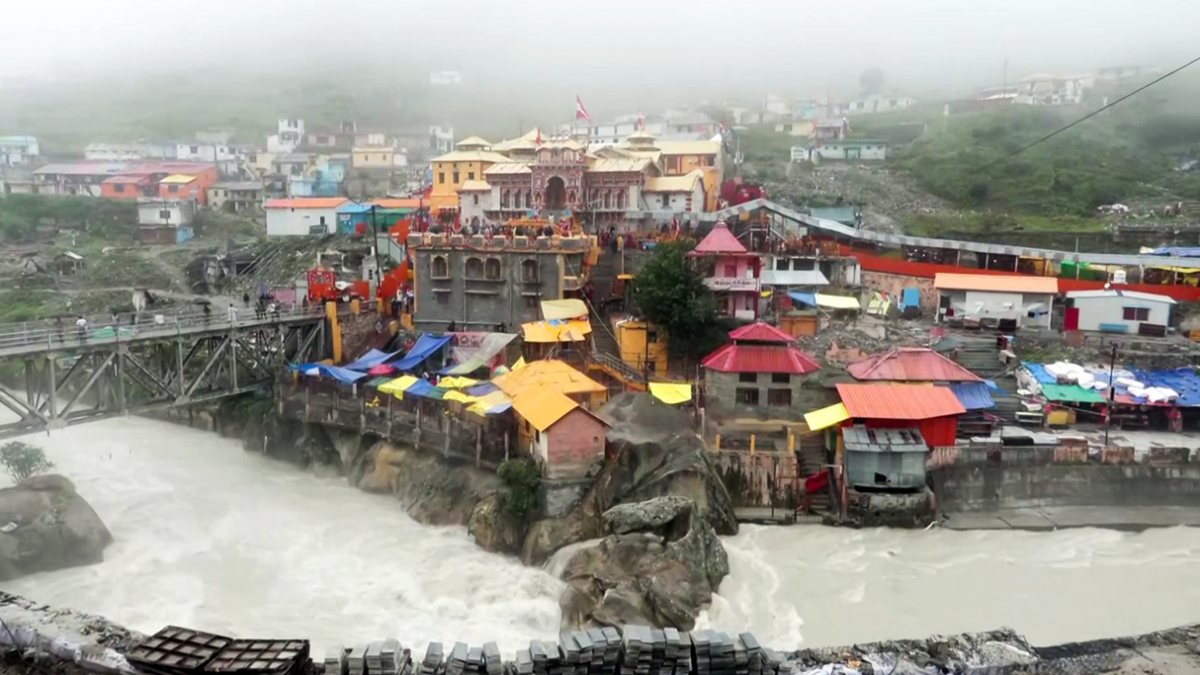 Aerial view of Badrinath Temple amid rainfall in Chamoli