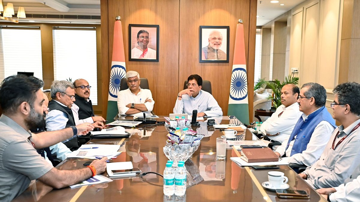 Union Ministers Piyush Goyal and Gajendra Singh Shekhawat, during a review…