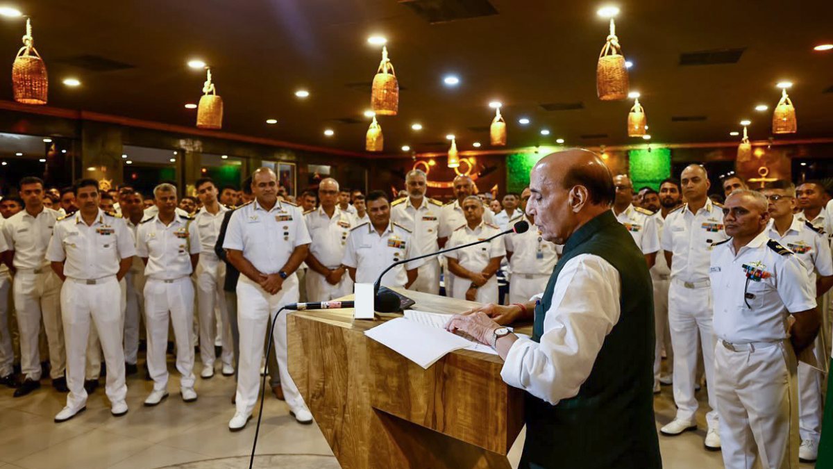 Union Defence Minister Rajnath Singh addresses the Indian Navy personnel at…
