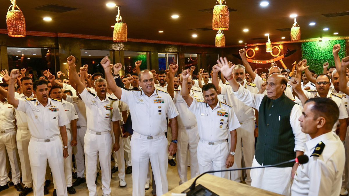 Rajnath Singh interacts with Navy personnel in Visakhapatnam