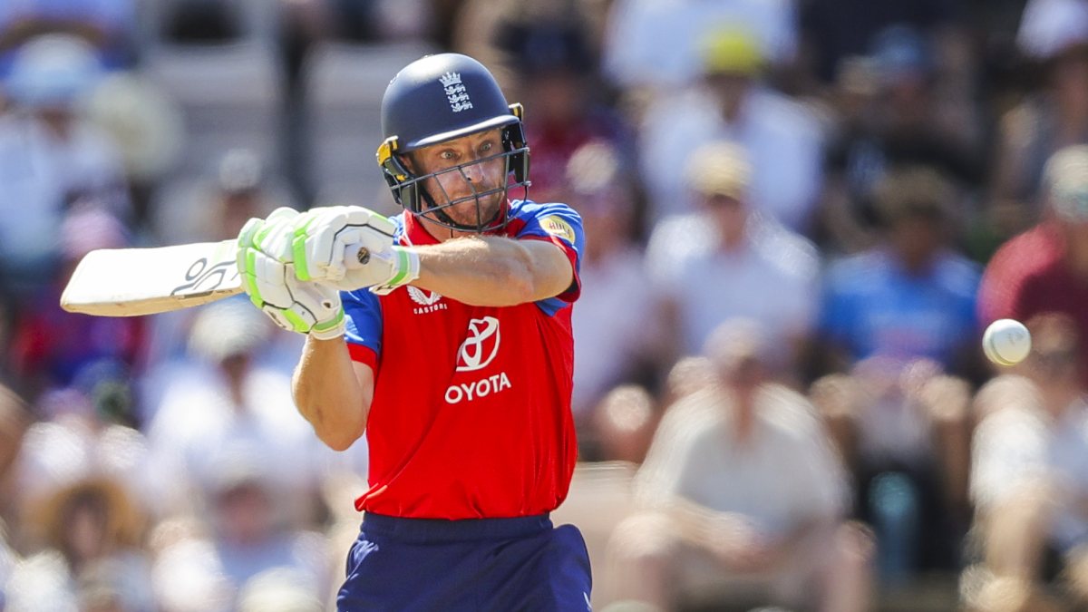 Jos Buttler plays a shot during 5th T20I against India