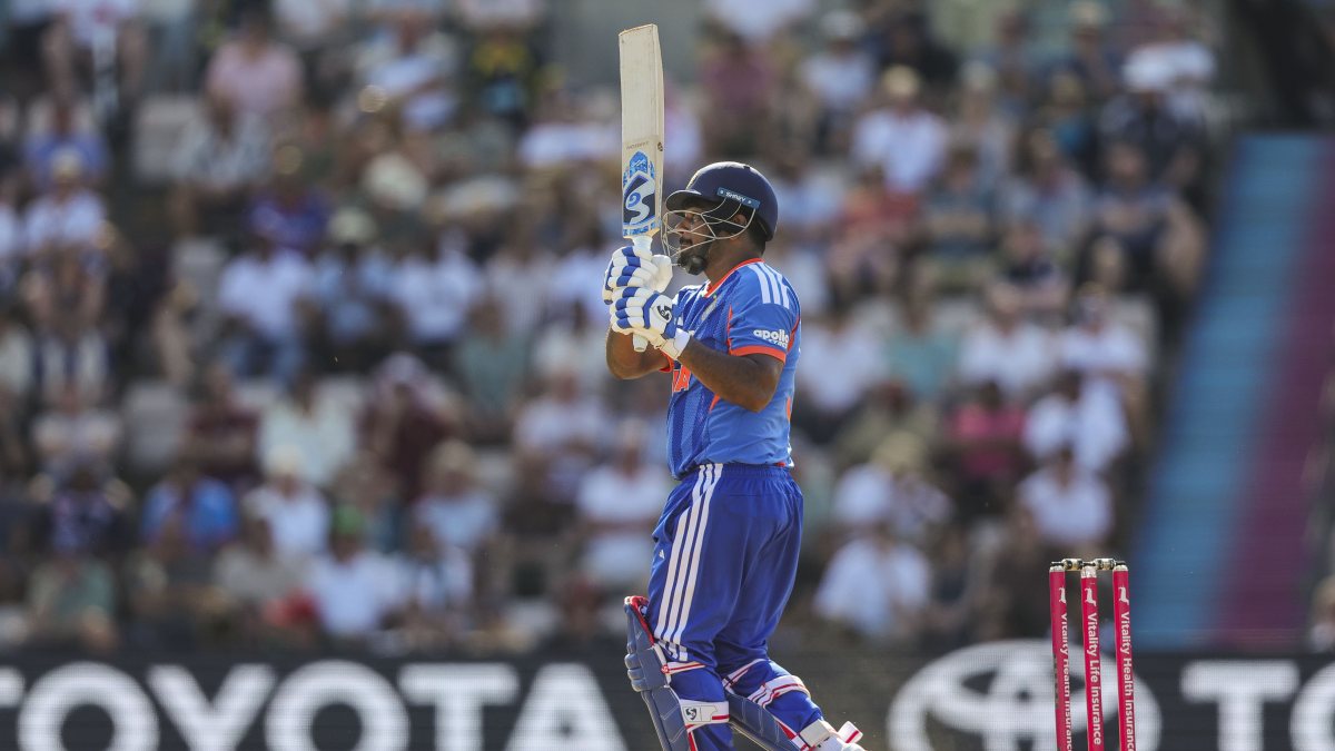 Sanju Samson plays a shot in 5th T20I against England