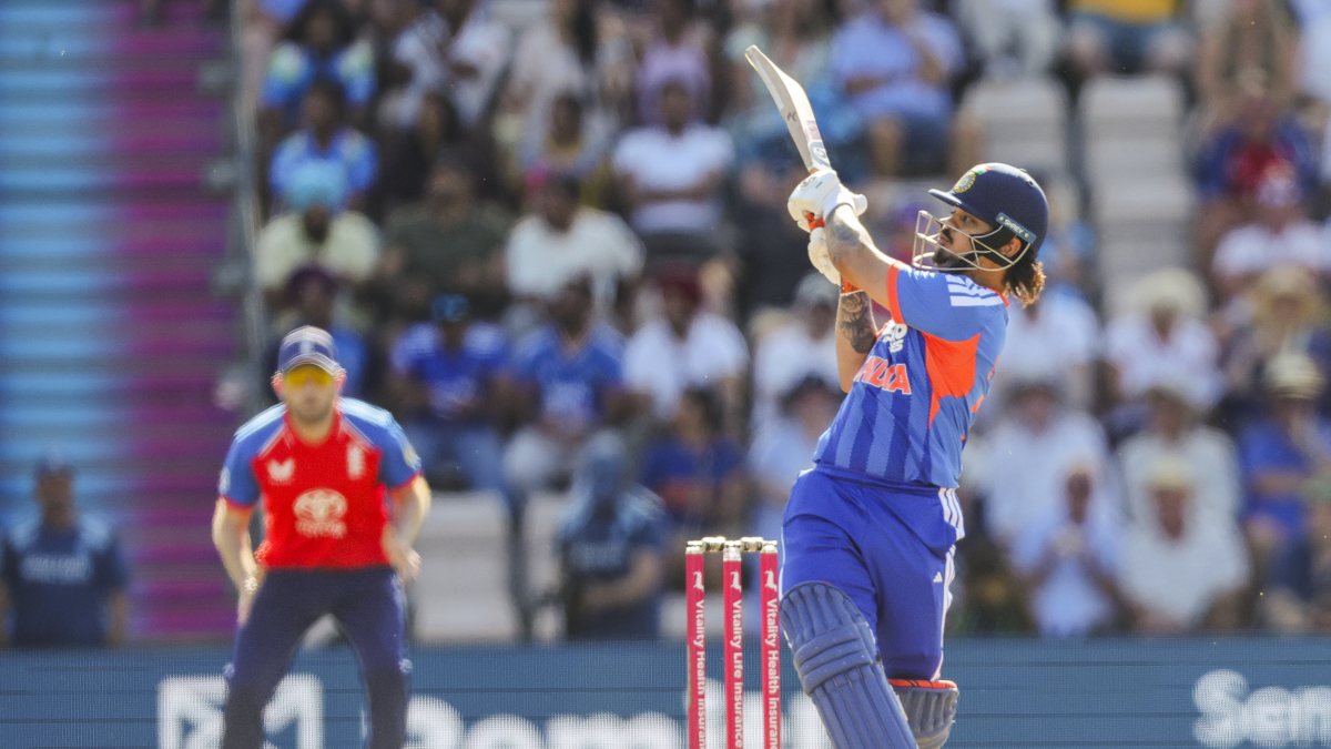 Ishan Kishan plays a shot during 5th T20I against England