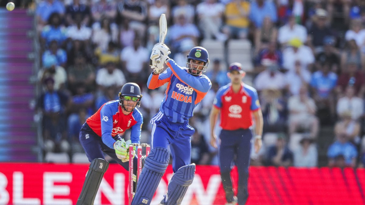 Tilak Varma plays a shot in the 5th T20I against England