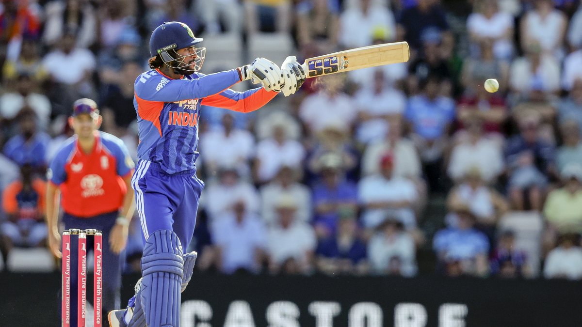 Tilak Varma plays a shot in 5th T20I against England