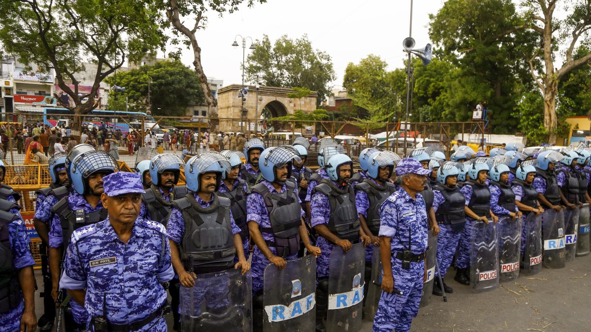RAF and CRPF personnel queue ahead of Ahmedabad Rath Yatra