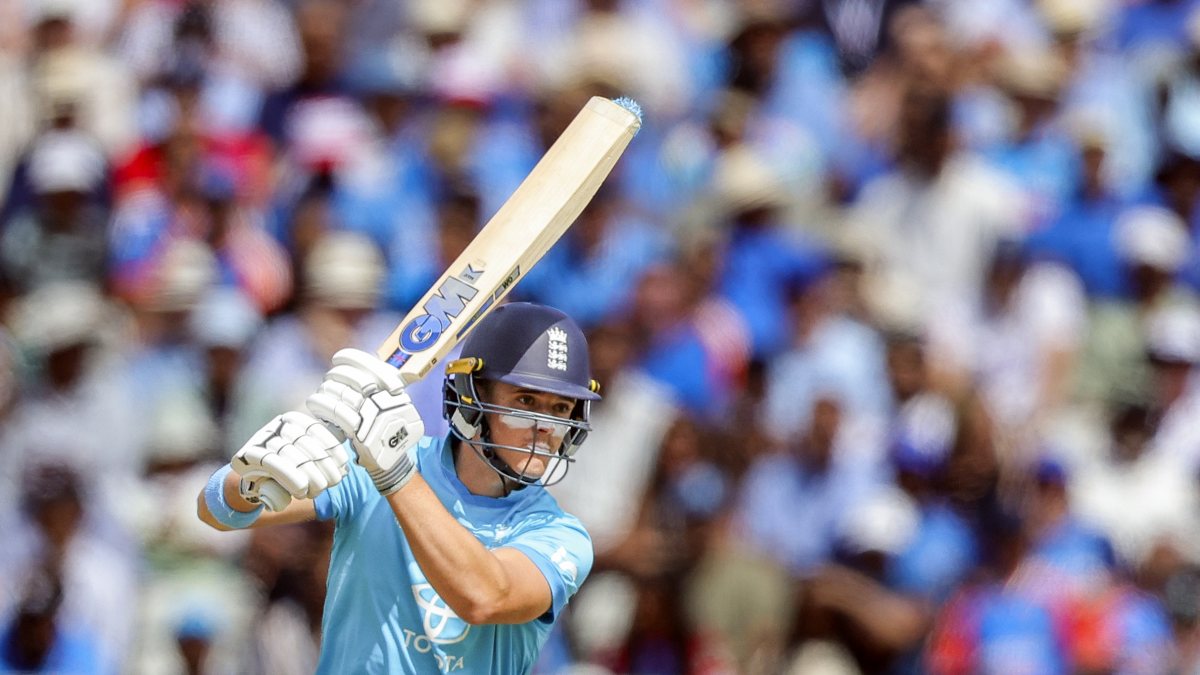 Jacob Bethell plays a shot in 1st ODI against India at Edgbaston