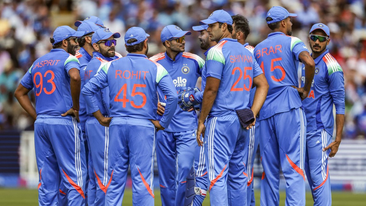 India squad celebrates Sam Curran's wicket in first ODI at Edgbaston
