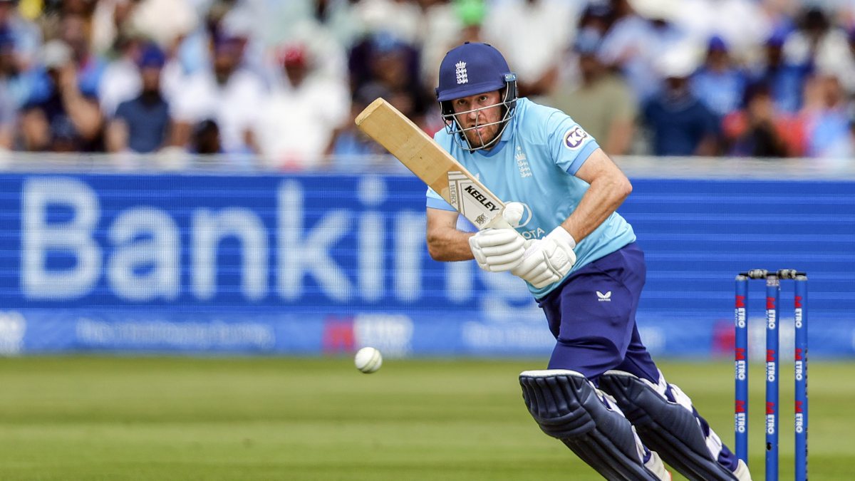 Liam Dawson plays a shot during first ODI against India