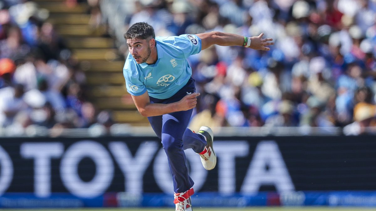 Josh Tongue bowls for England in first ODI against India