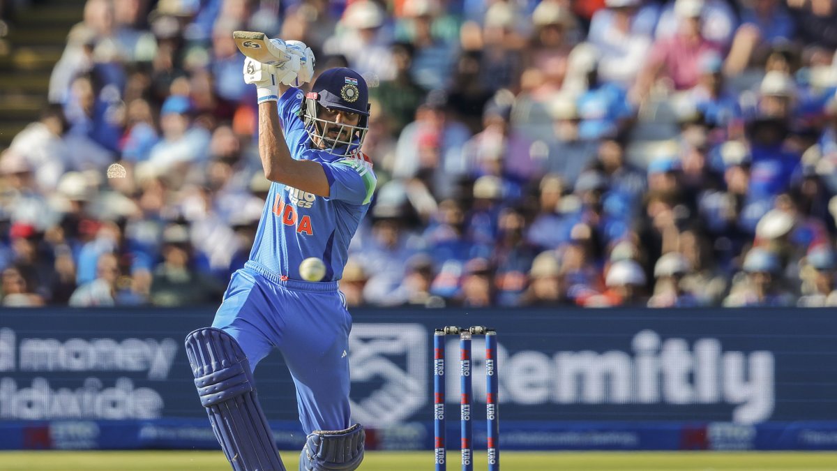 Axar Patel plays a shot during first ODI against England