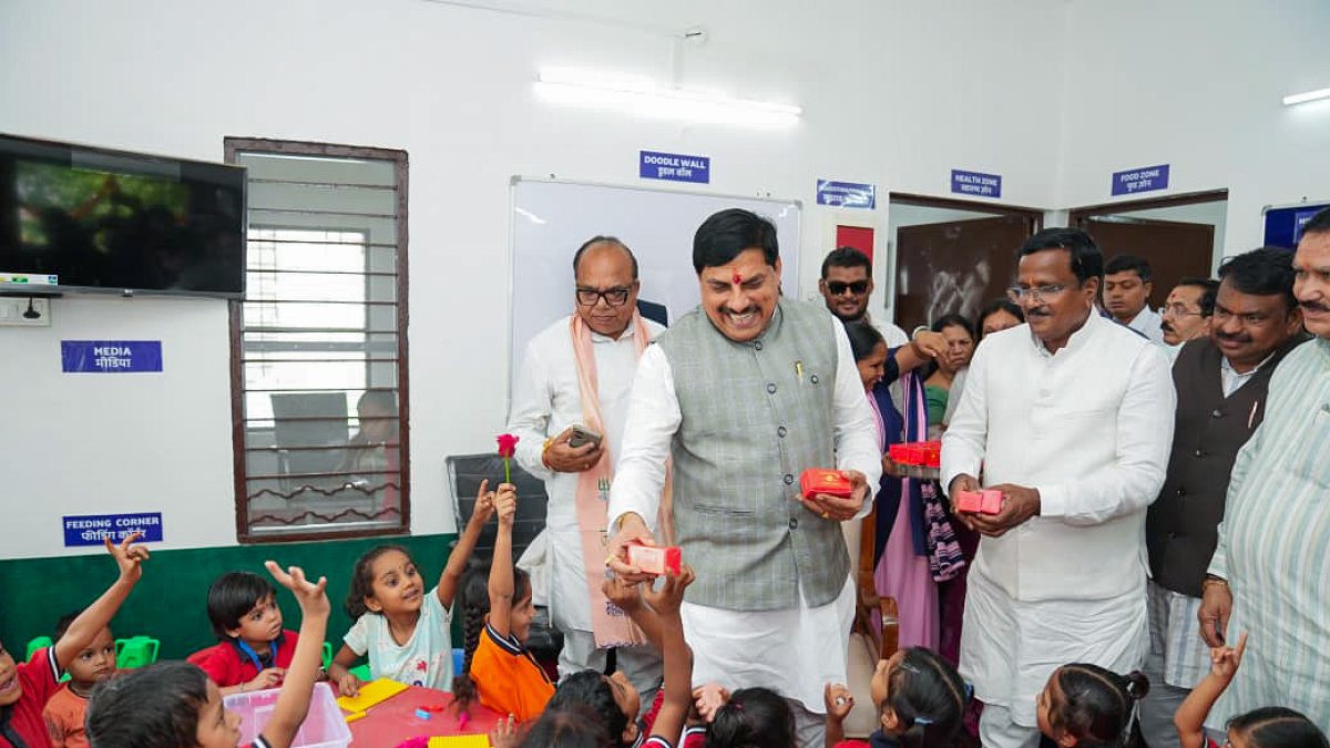 Mohan Yadav interacts with children at Anganwadi programme in Ujjain