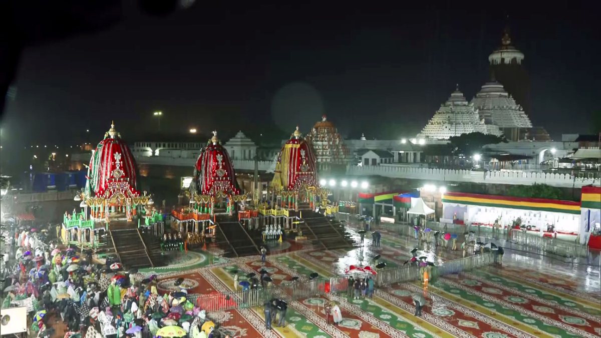 Three chariots lined up at Puri temple for Rath Yatra