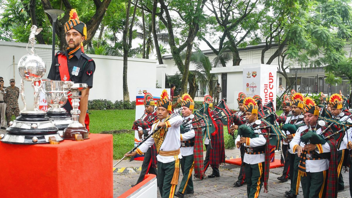 Pipe band performs at Durand Cup trophy display in Guwahati