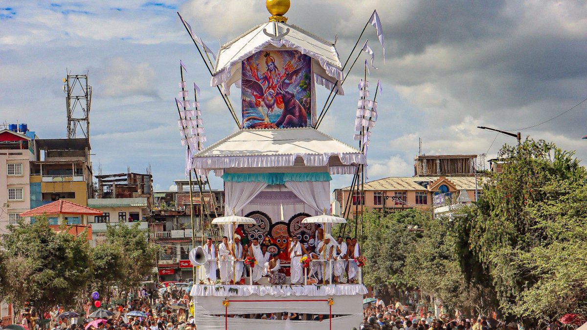 Devotees pull Lord Jagannath's chariot at Imphal's Kang Festival