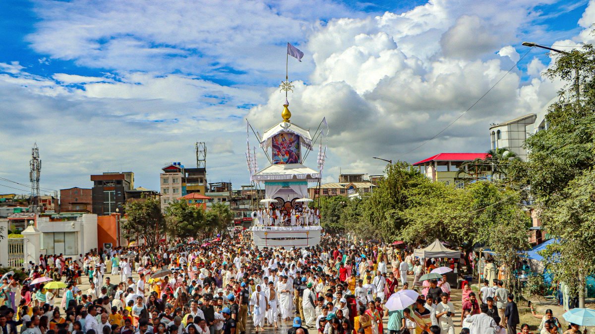 Devotees pull Lord Jagannath's chariot at Imphal's Kang Festival