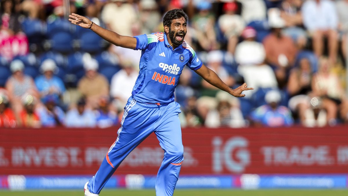 Jasprit Bumrah appeals for Jacob Bethell's wicket in Cardiff ODI