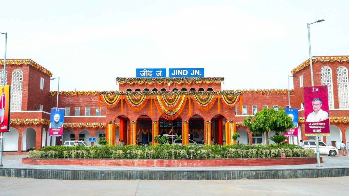 Jind railway station decorated for hydrogen train flag-off