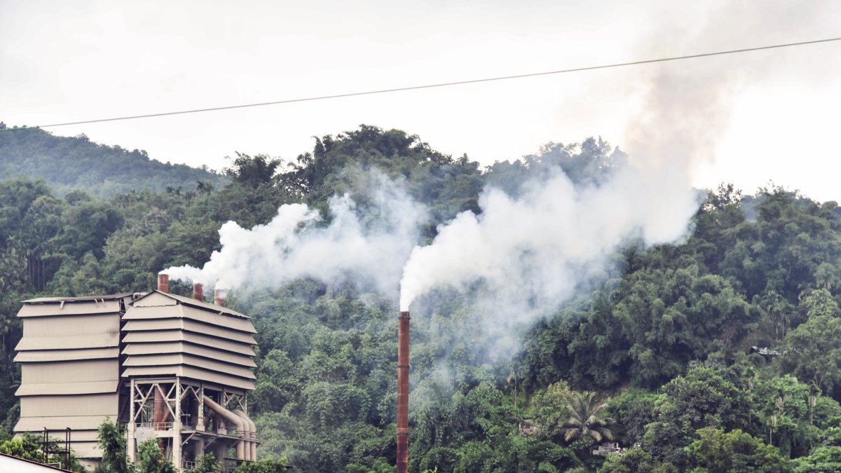 Smoke rises from chimneys at Byrnihat industrial facility