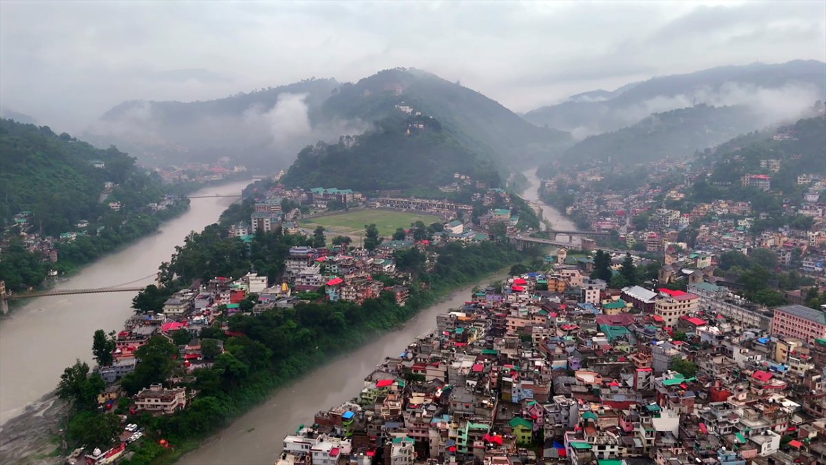 Drone view shows dense fog over Mandi hills and Bias River