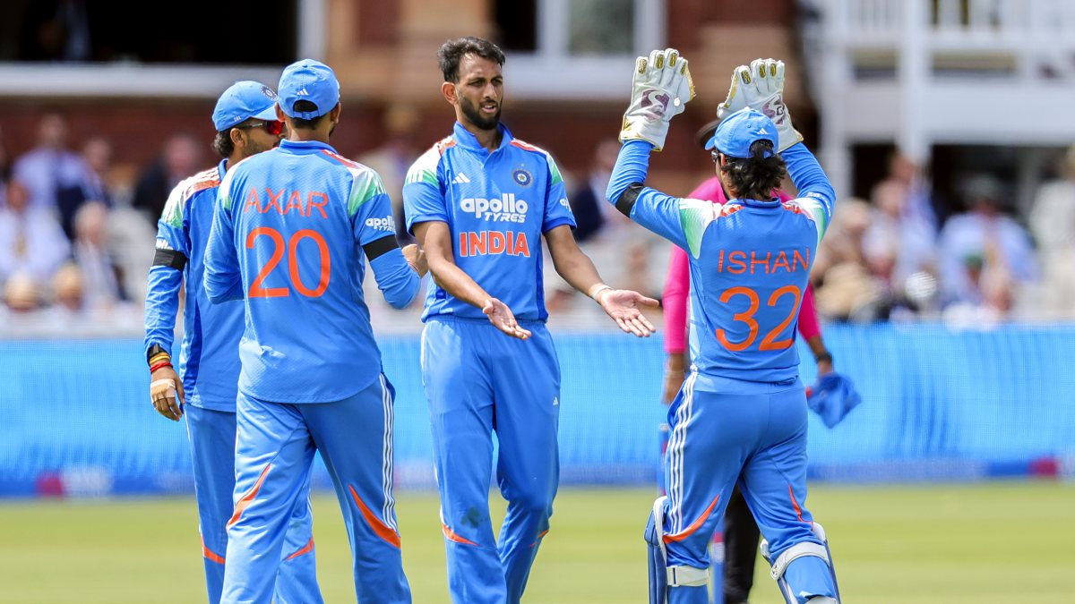 Prasidh Krishna celebrates Bethell's wicket at Lord's