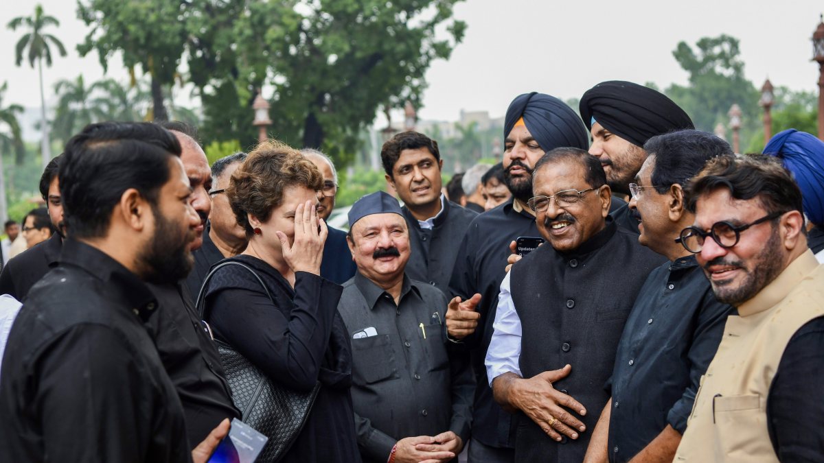 Congress MPs in black protest at Parliament during Monsoon Session