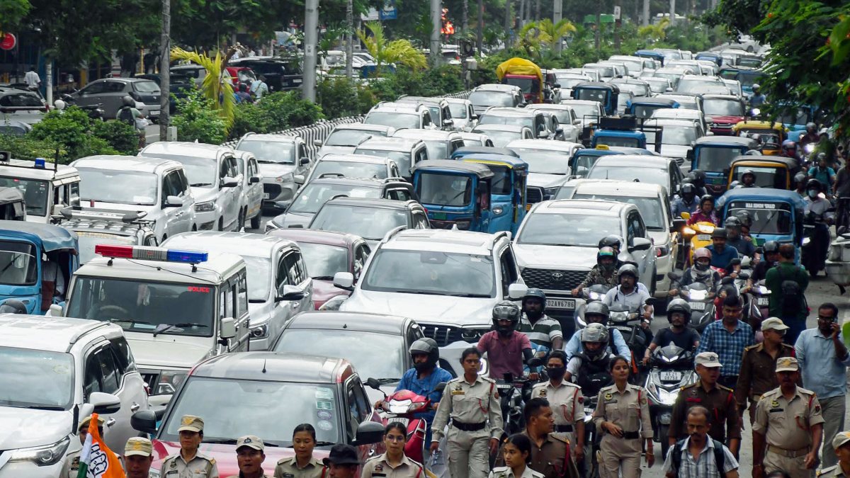 Traffic jam stretches along GS Road in Guwahati
