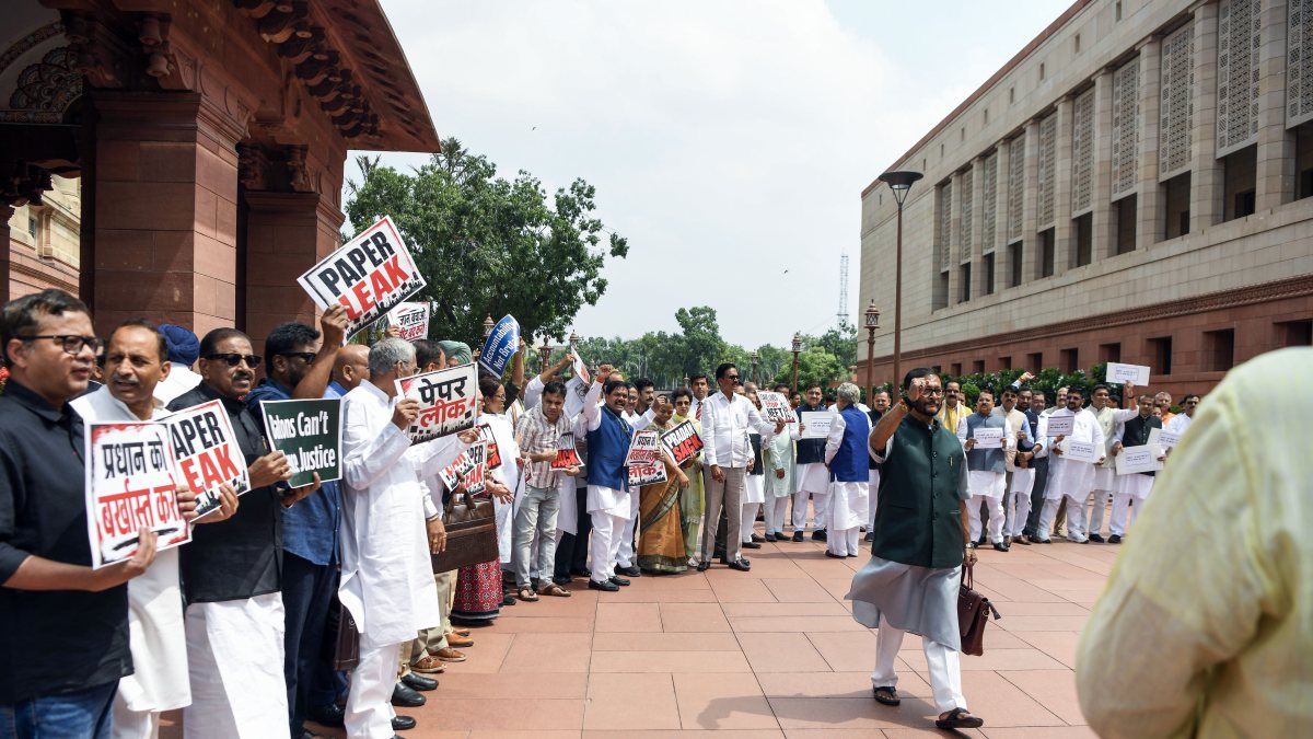 Opposition and NDA MPs protest over NEET paper leak in Parliament
