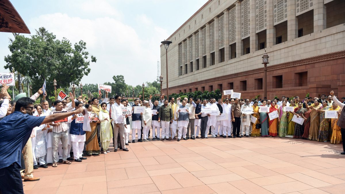 Opposition and NDA MPs protest over NEET paper leak in Parliament