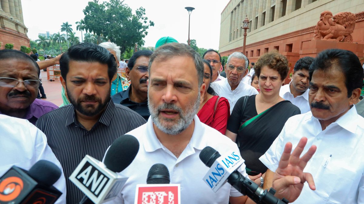 Rahul Gandhi speaks to media at Parliament during monsoon session