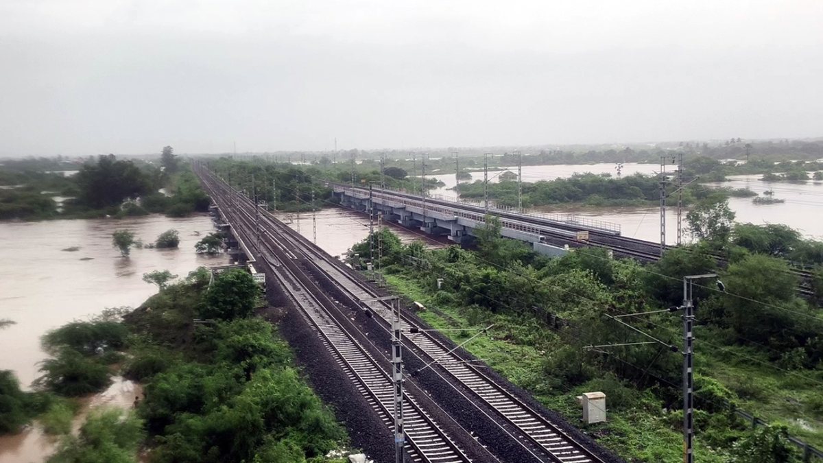 Aerial view shows Navsari submerged in flood water