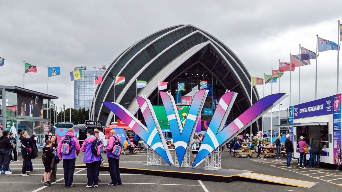 A view of the flags of various countries flying at the Commonwealth Games…