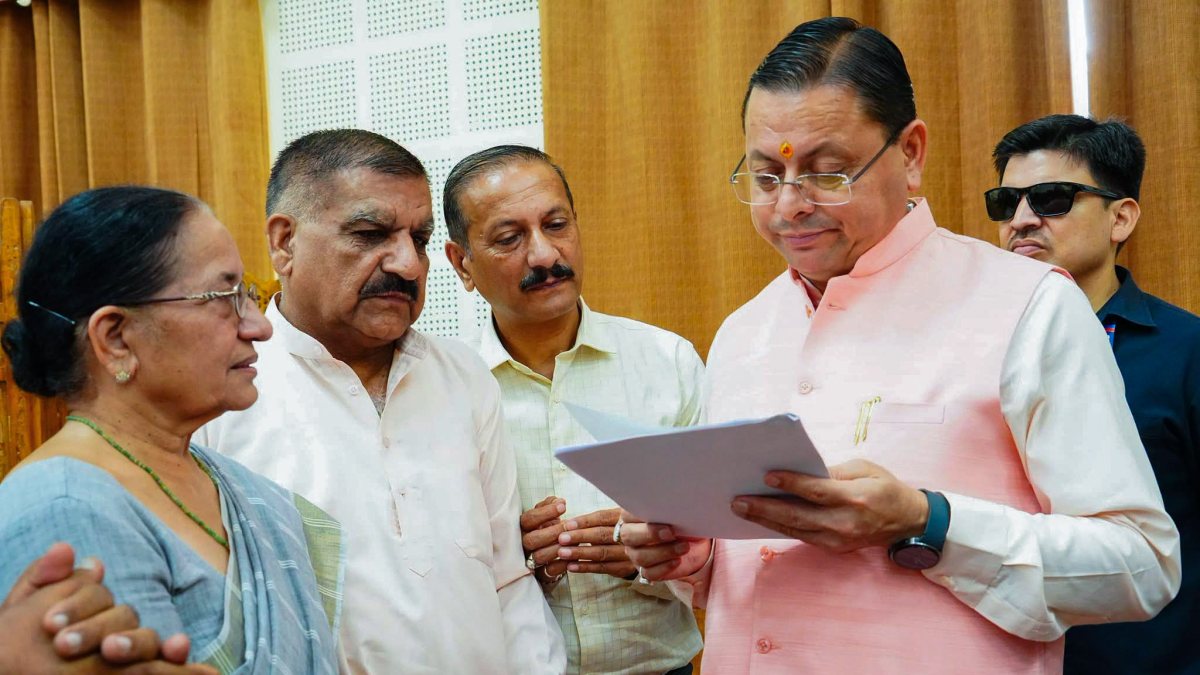 Uttarakhand Chief Minister Pushkar Singh Dhami during a meeting for the public…