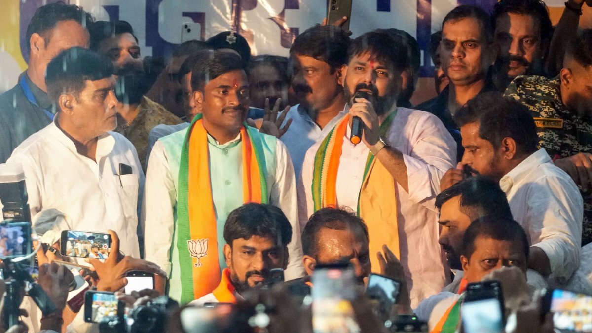 BJP MLC and Bhojpuri actor Pawan Singh addresses an election meeting for…