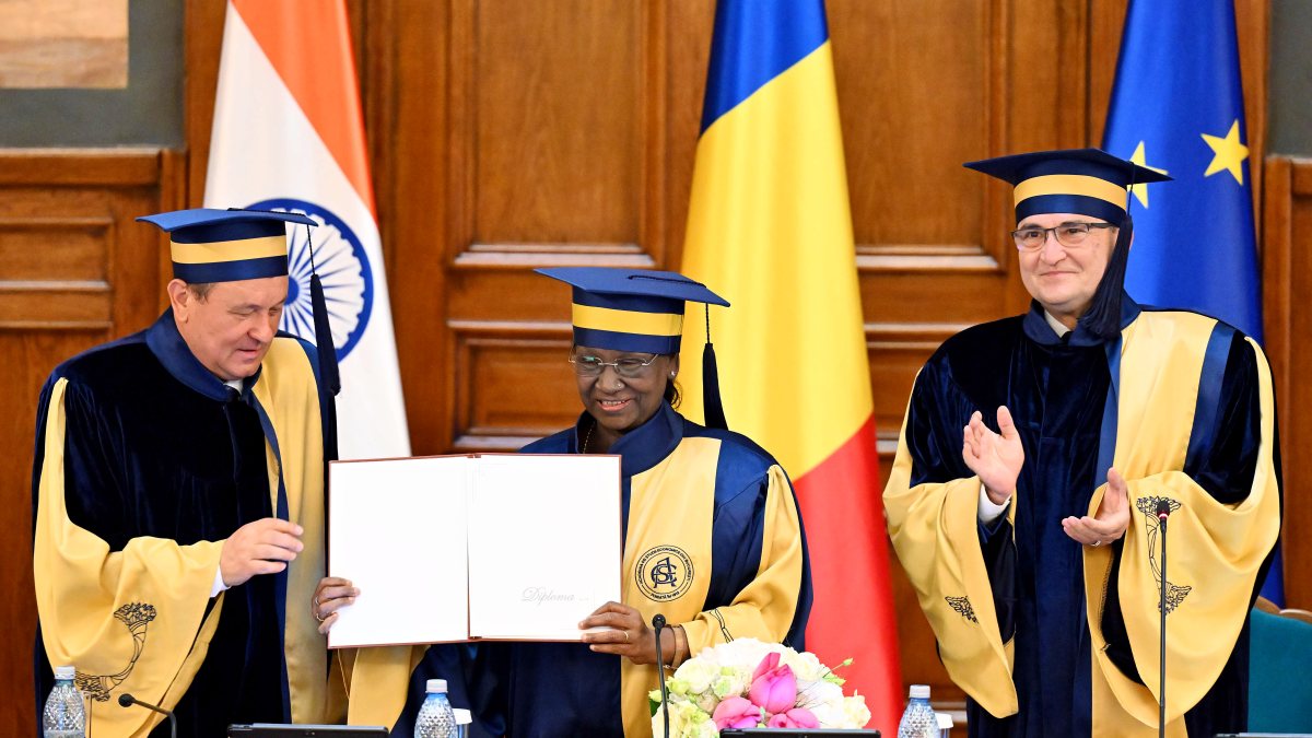 President Droupadi Murmu being conferred an Honorary Doctorate by the Bucharest…