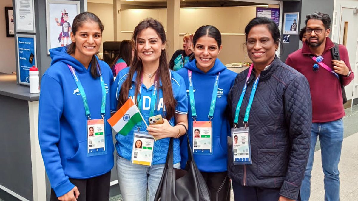 Indian Olympic Association President (IOA) P.T. Usha (E-R) poses for a photo…