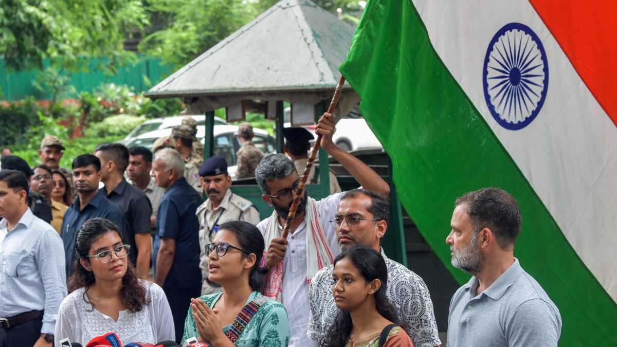 Students address a press conference in the presence of Lok Sabha LoP Rahul…