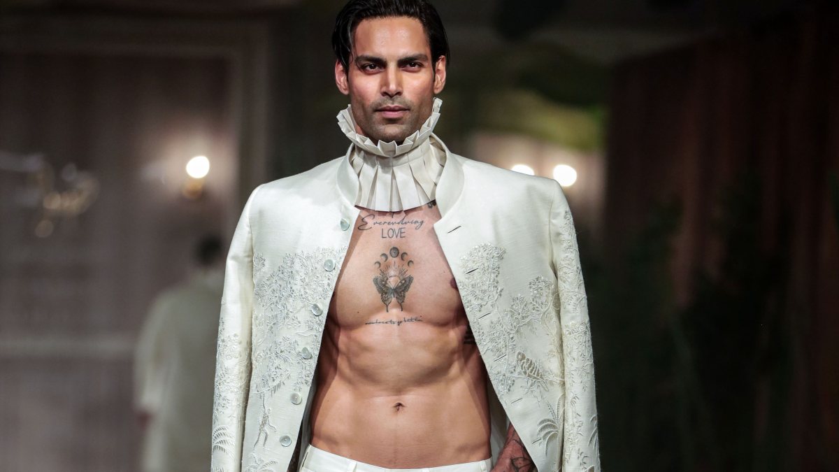 A model presents a creation by fashion designer Rohit Bal during the Couture…