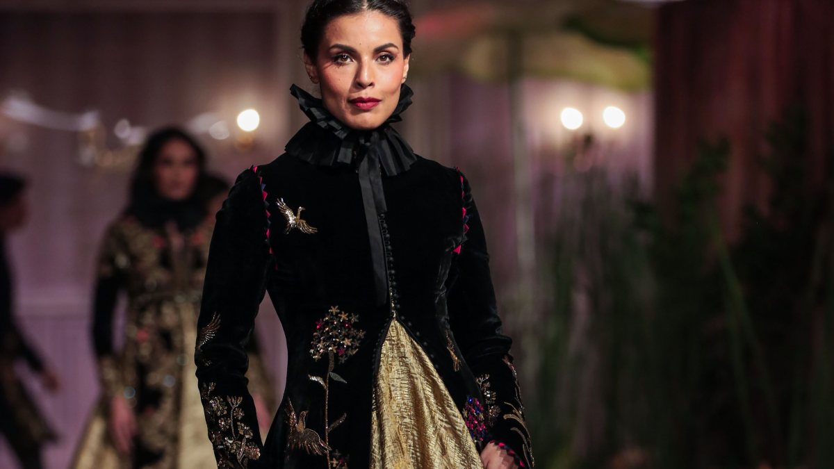 A model presents a creation by fashion designer Rohit Bal during the Couture…