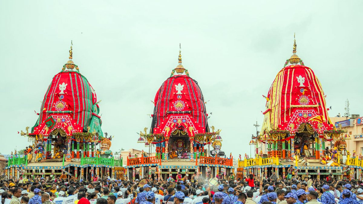 A view of the three chariots of Lord Jagannath, Lord Balabhadra and Goddess…