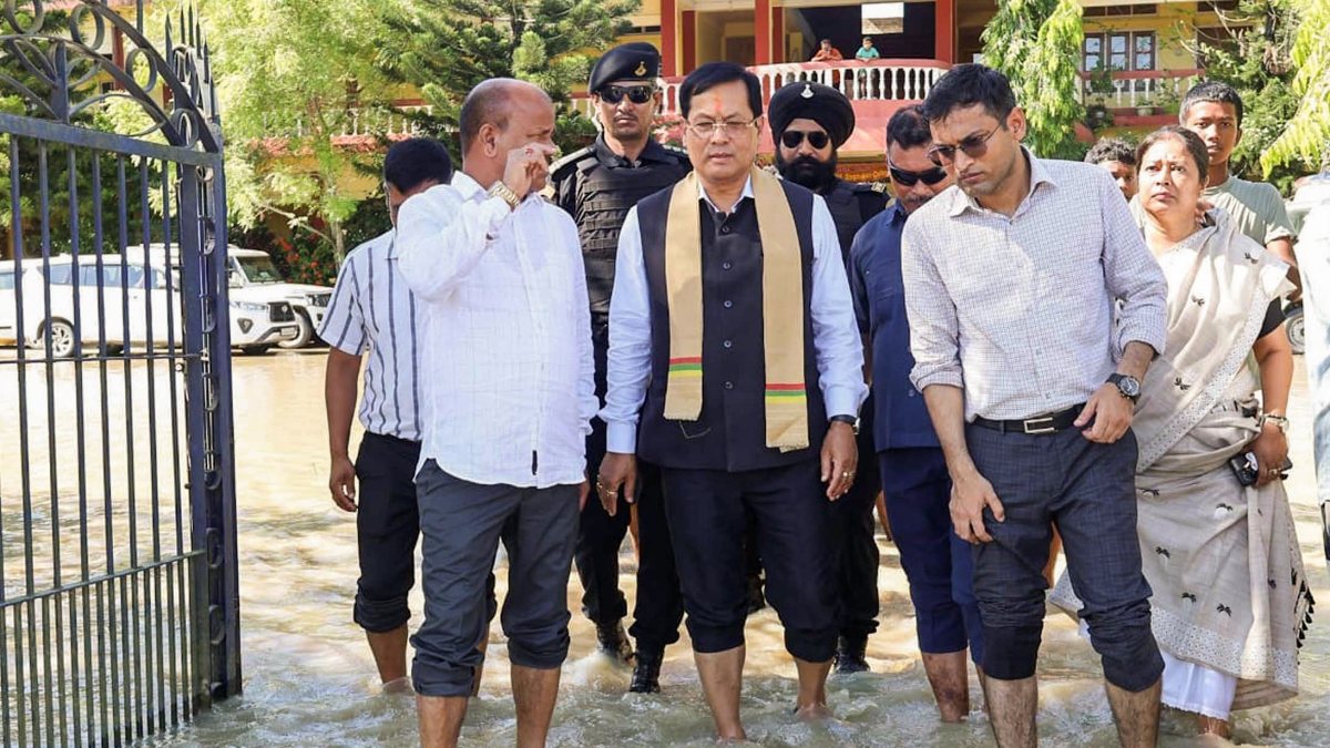 Union Minister Sarbananda Sonowal inspects the flood affected area, in Guwahati…