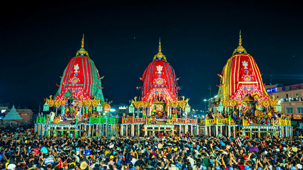 A view of the three chariots of Lord Jagannath, Lord Balabhadra and Goddess…