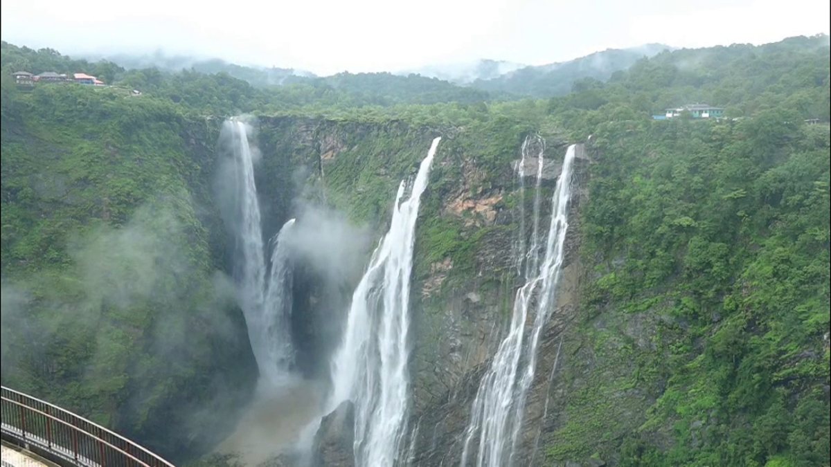 A view of the Jog Falls as heavy rains fill the Sharavati River, in Shivamogga…