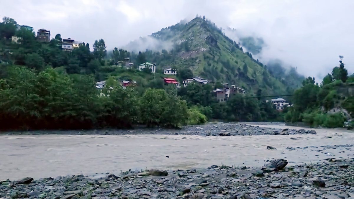 A view of the landscape at Bhalesa amid heavy rainfall, in Doda on Sunday. (ANI…