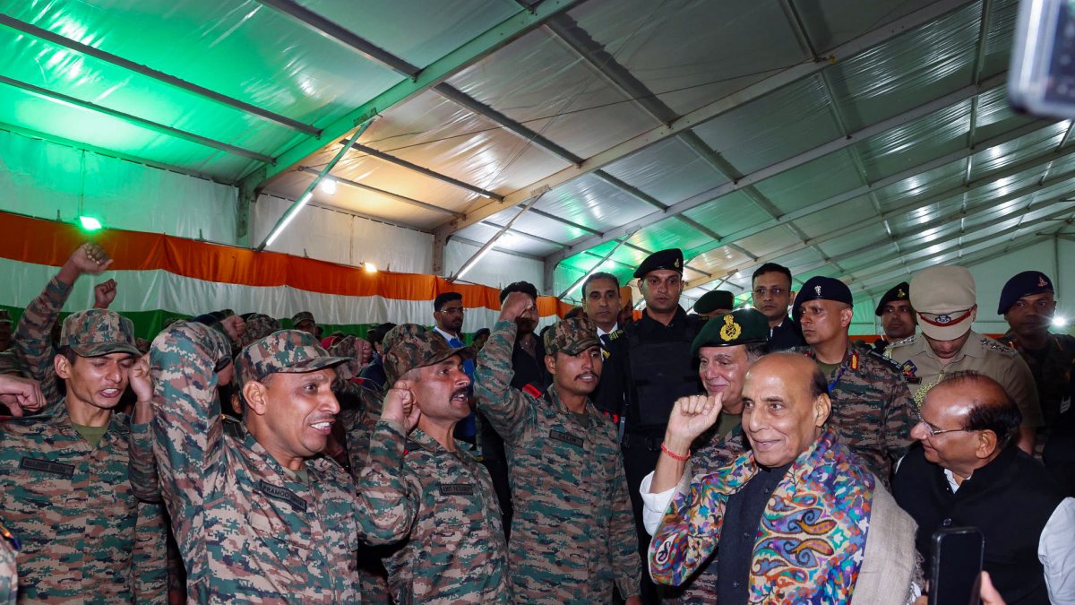 Union Defence Minister Rajnath Singh arrives to attend the Shaurya Sandhya…