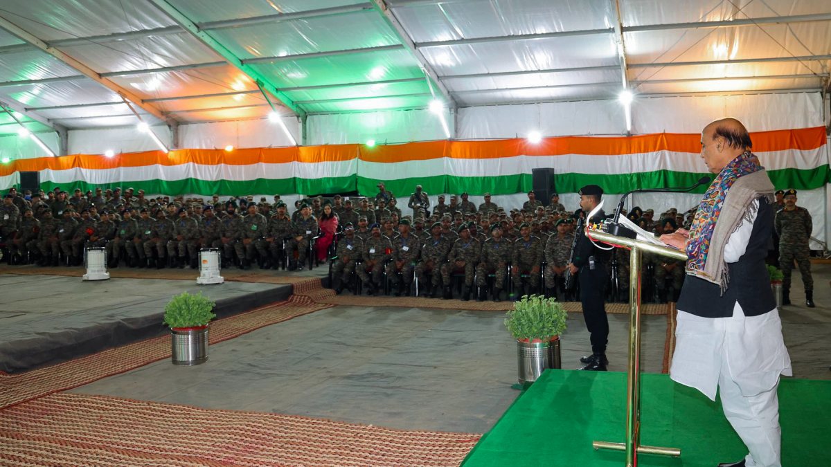 Union Defence Minister Rajnath Singh addresses during the Shaurya Sandhya event…
