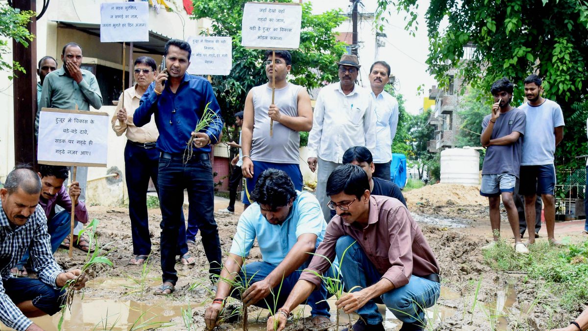 Bhopal residents plant paddy saplings on muddy road in protest