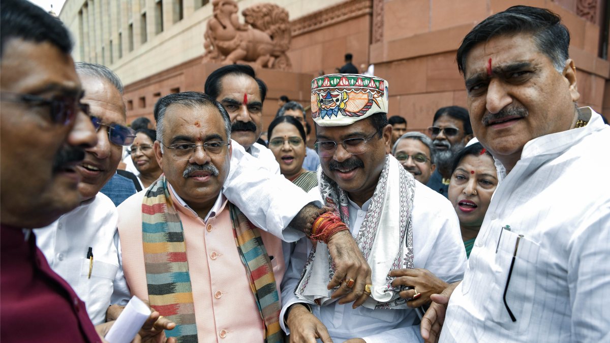 BJP MP Dharmendra Pradhan welcomed at Parliament