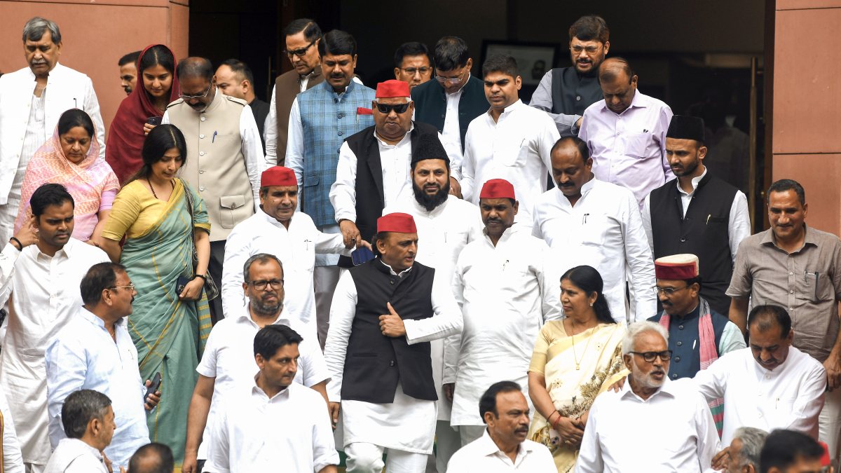 Akhilesh Yadav leads SP MPs at Parliament during Monsoon Session